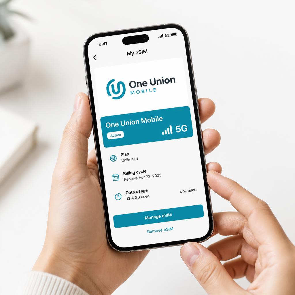 Hand holding a phone with One Union Mobile eSIM active