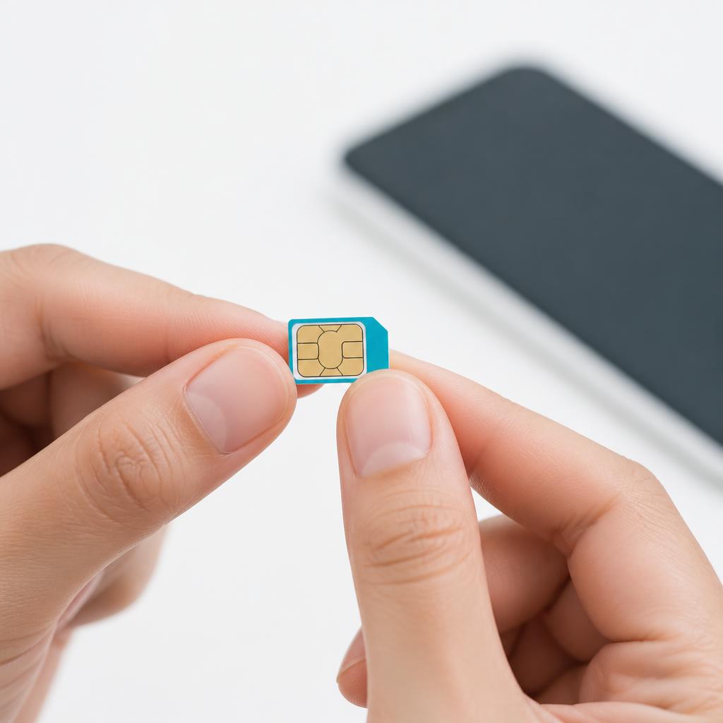 Hand holding a SIM card with a phone in the background