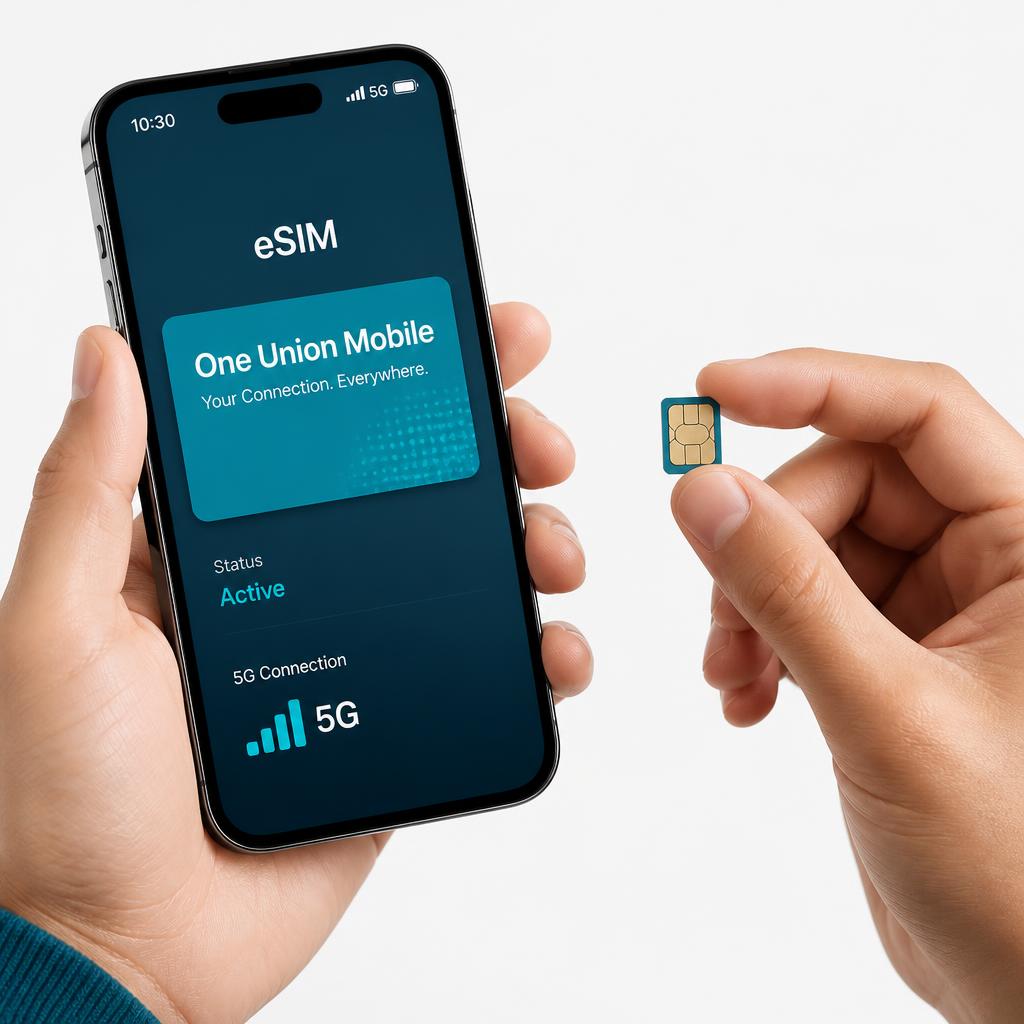 Phone showing One Union Mobile next to a SIM card